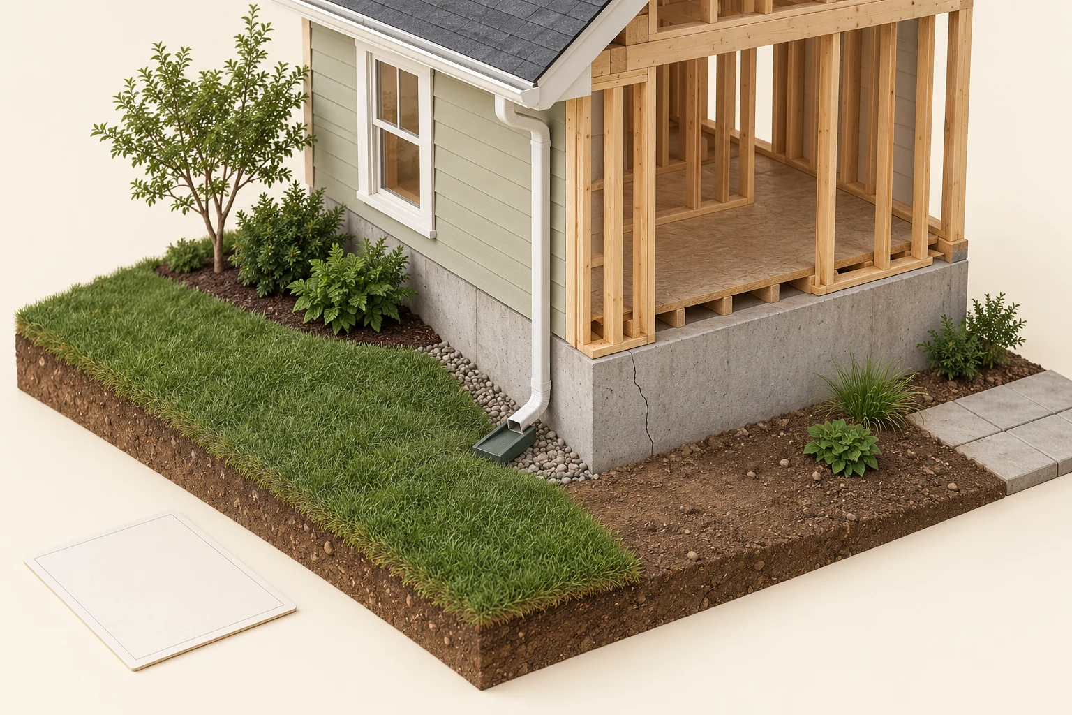 Conceptual timber house corner on concrete, with a crack-like mark, grass and bare-soil surfaces, exterior downspout and blank card