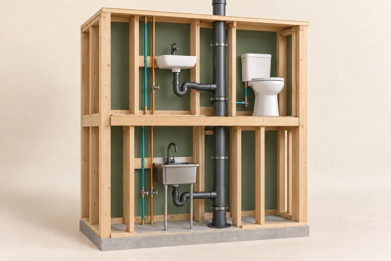 Conceptual timber wall with independent slim teal and copper supply specimens, sink traps and a larger charcoal stack