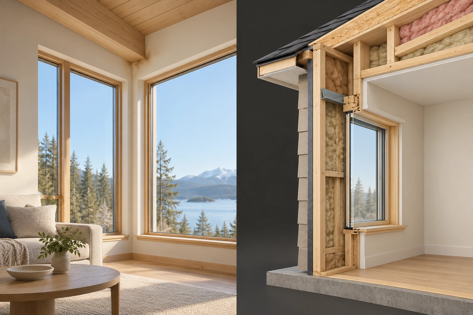 The left view shows a finished room with a brown ceiling-corner mark above tall windows. The separate right cutaway exposes framing, insulation and part of an opening detail. It teaches the difference between a visible location and concealed construction, without showing an invasive inspection of that room.
