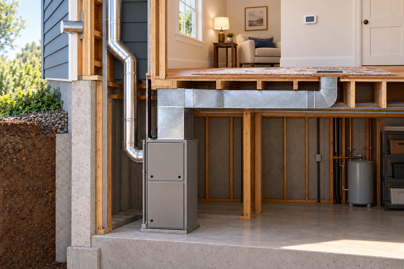 The closed furnace, top plenum and one supply duct lead toward a room register, with a wall control visible above. Conceptual 3D cutaway; Only a partial supply route is depicted; return air is not shown. This generic scene does not verify the flue, combustion safety, equipment model, airflow, capacity or room comfort. The native air-functions figure separately explains supply and return.