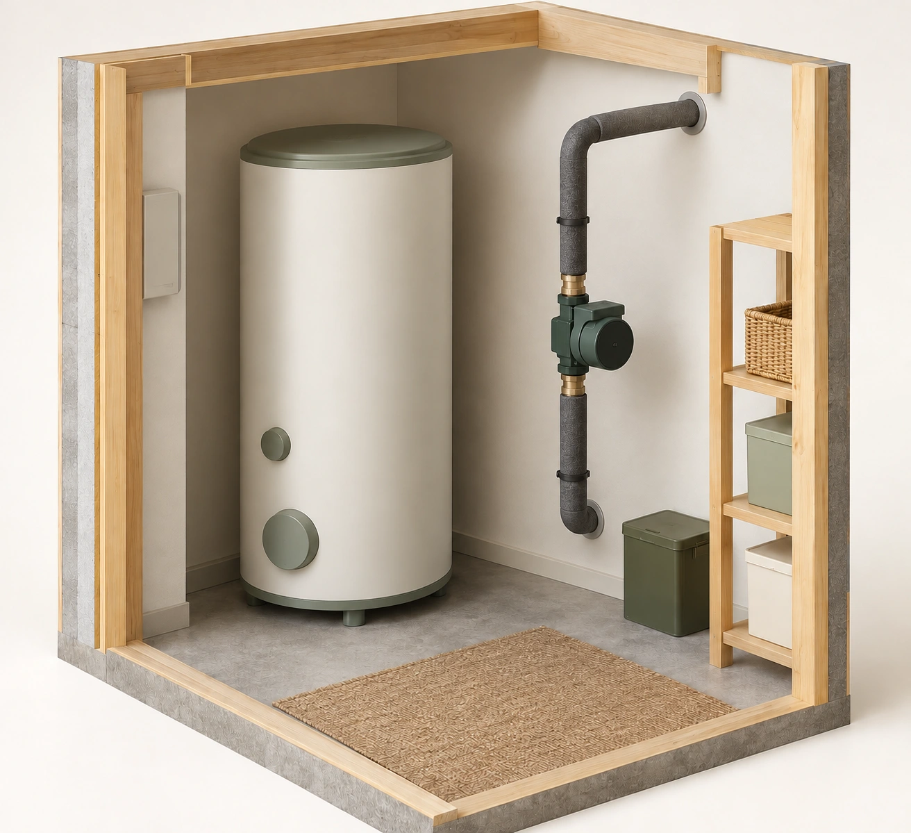 Closed cylindrical vessel beside a closed green circulator on an insulated pipe; the pipe enters the rear wall above and below the pump, while vessel connections are concealed.