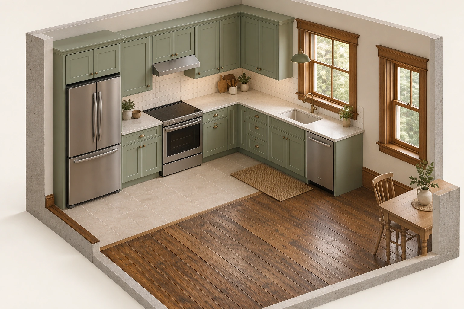 Sage cabinet fronts, contrasting tile/wood floor and wood window trim visible; no concealed system renewal proof.