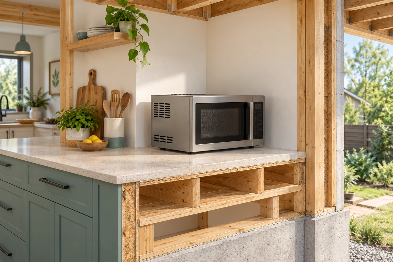 The intact countertop microwave sits on a worktop within the skeletal kitchen model, with exterior slots visible on its opaque casing. It identifies appliance ventilation context without exposing a fan or drawing airflow.