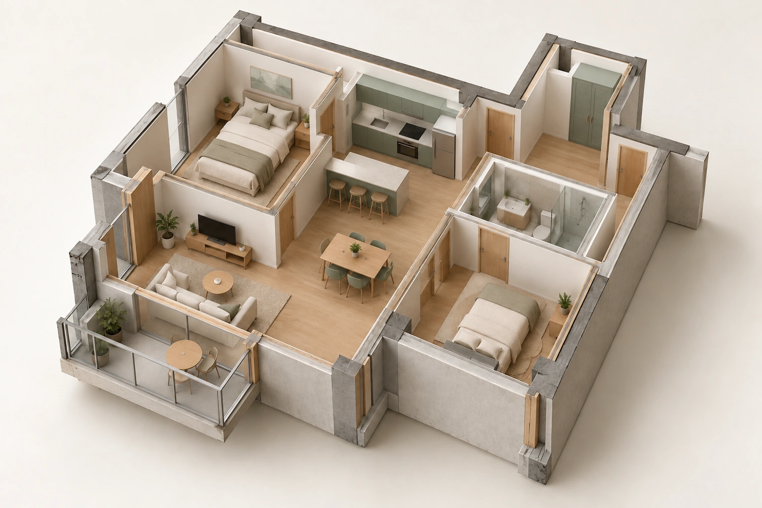 condo cutaway with fully closed utility cabinet and concealed connections; no contracted layout, unit boundary or equipment-performance proof.