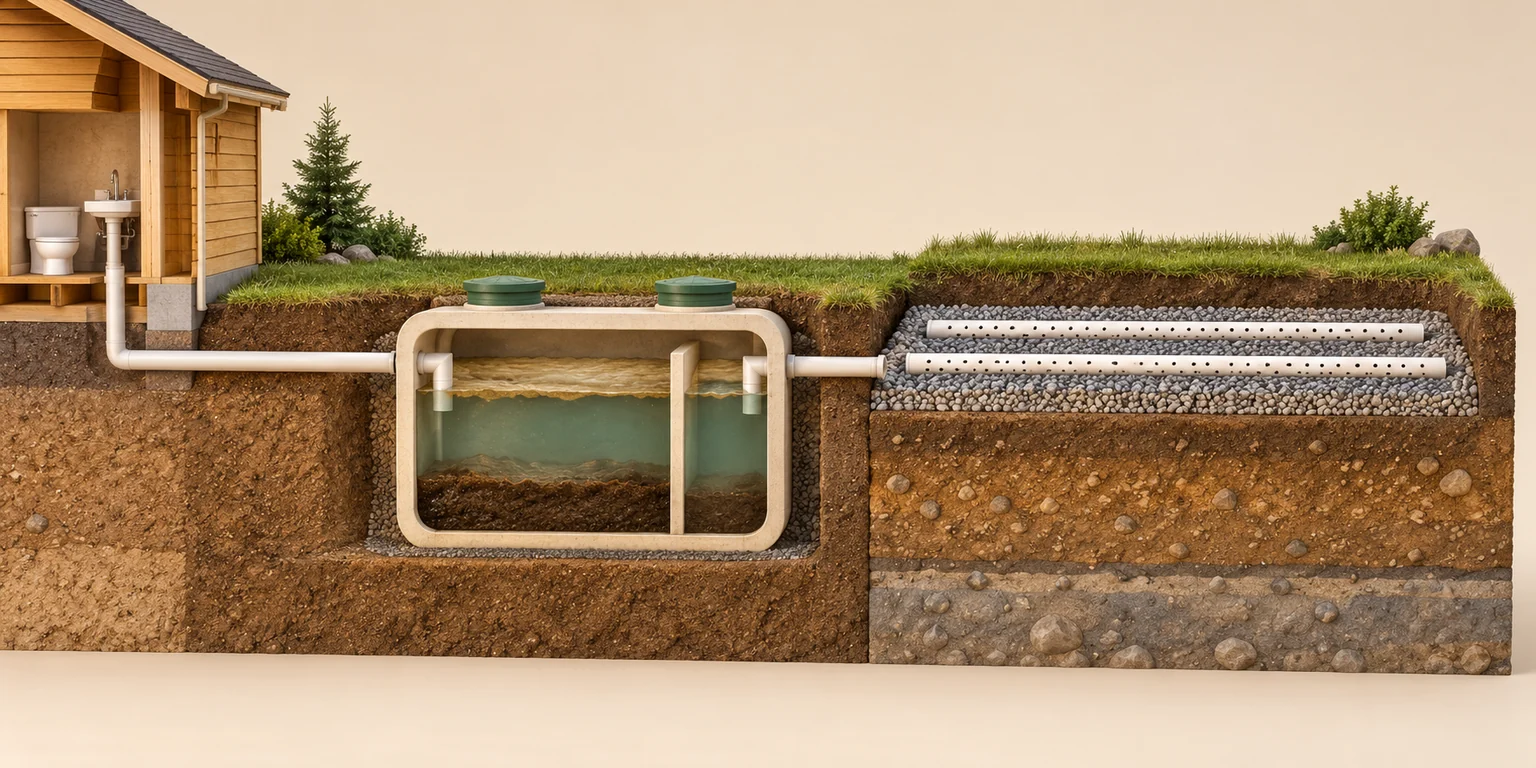 Conceptual wastewater cutaway with a house fixture at left, a sectioned tank containing upper floating material, a middle liquid layer and lower settled material, followed by a separate pipe-and-gravel soil specimen at right.