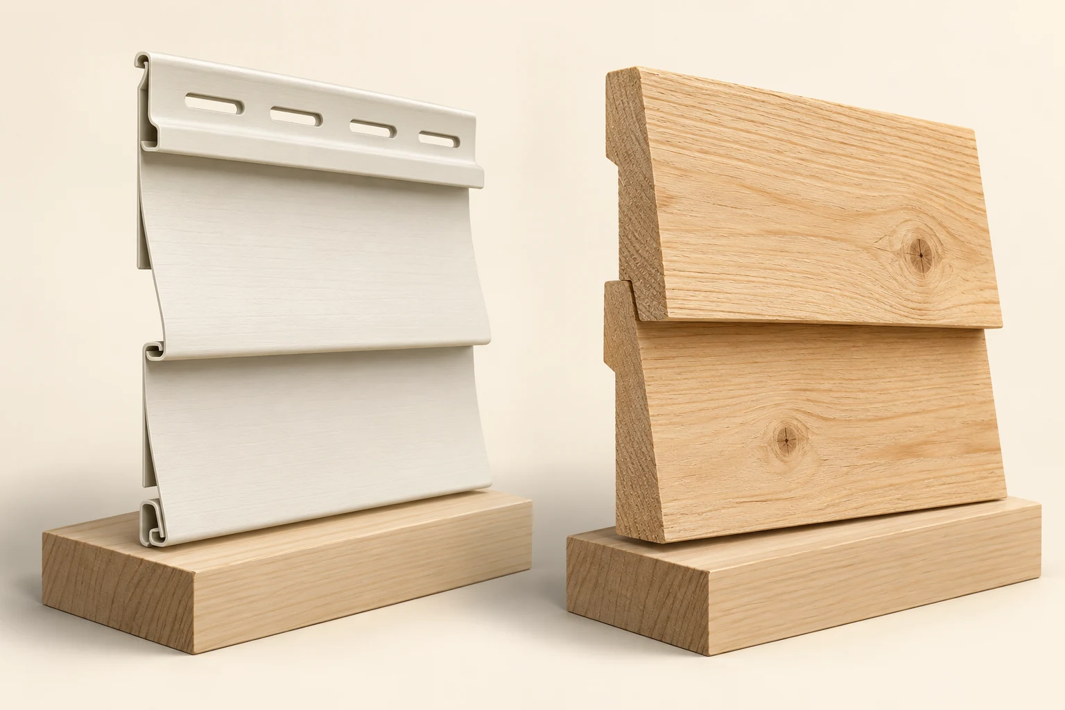 Detached cream thin folded siding specimen with elongated slots beside two thick overlapping timber specimens on separate display blocks