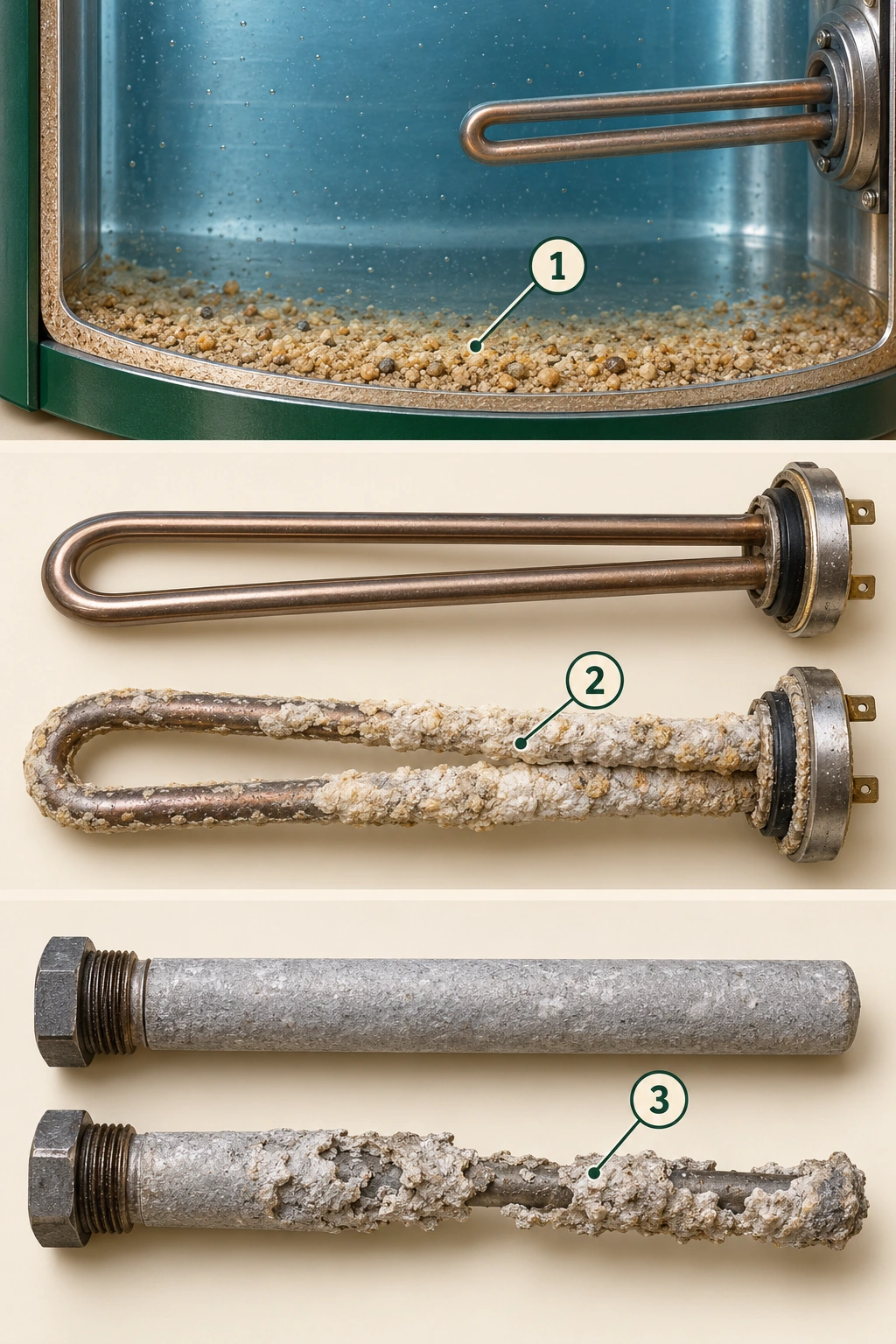 Three original magnified close-ups show granular material on a filled tank bottom, clean and deposit-covered U-shaped heating elements, and continuous versus irregularly consumed sacrificial-anode rods.