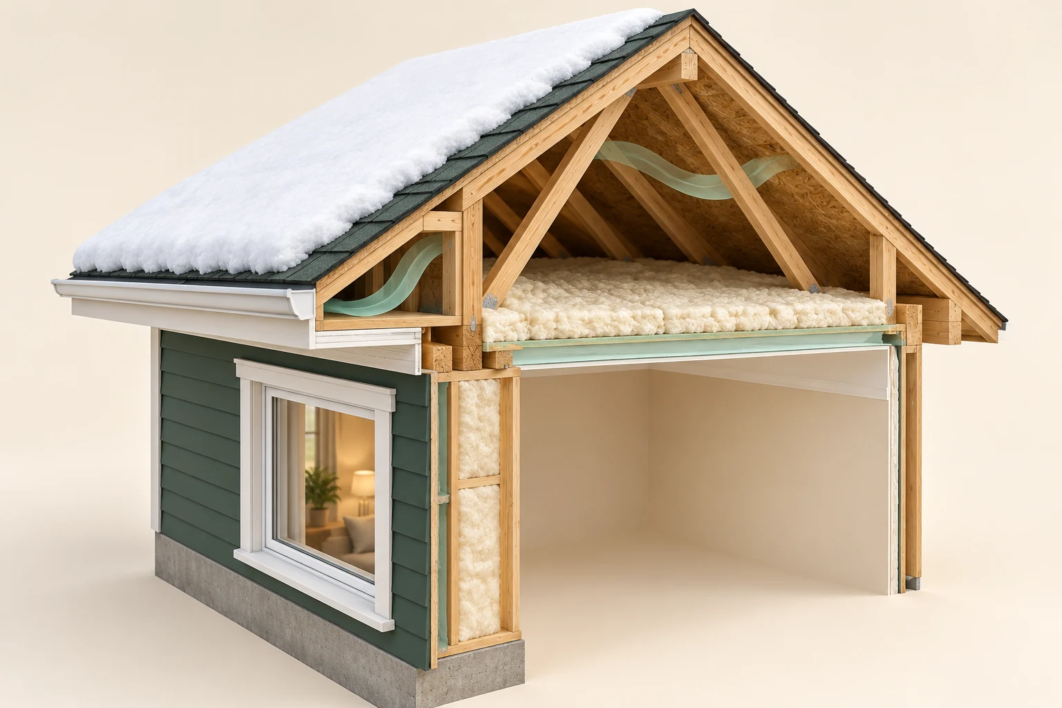 Conceptual winter house cutaway with roof snow, exposed framing and warm indoor rooms